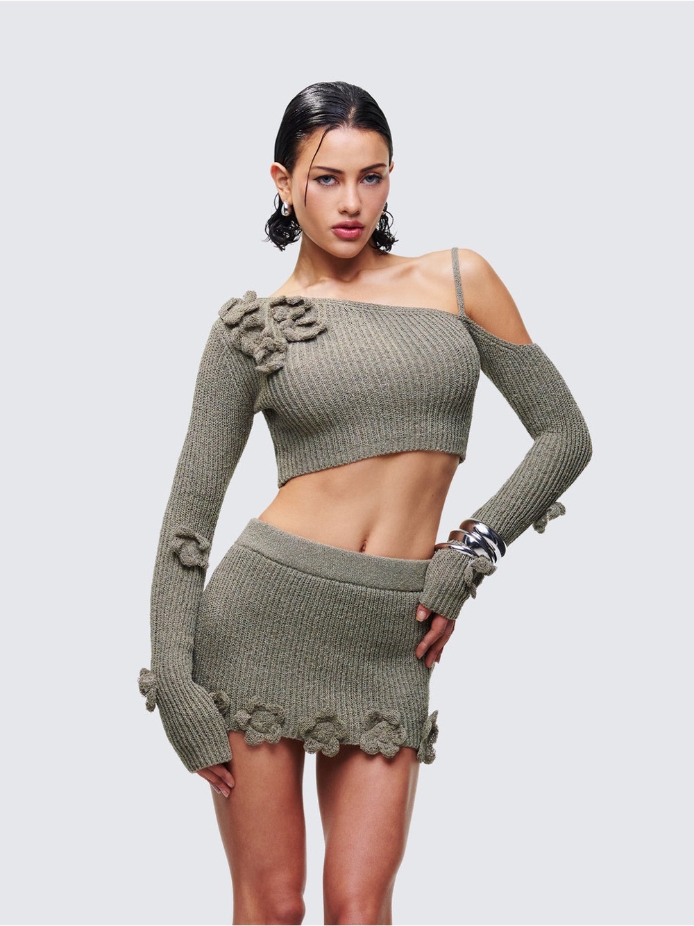 Olive Knit Two-Piece Set with Floral Appliqués